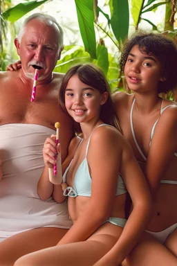 young natural teenage girls with dad in a swimsuit in a bed in the jungle. eating a lollypop. cute. sharing icypole. icecream on face. old man. curvy