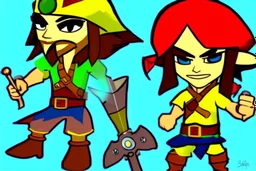 Cartoony and muscular Captain Jack Sparrow, Legend Of Zelda: Wind Waker style, stylized, colorful, adventurous.