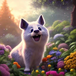 pixar style, volumetric summer garden environment and background, realistic painting of muffin, looking excited, volumetric lighting, dramatic lighting, detailed digital painting, extreme dense and fine fur, anime, ornate, colour-washed colors, elegant, small minutiae, tiny features, particulars, centered, smooth, sharp focus, renderman gofur render, 8k, uhd, detailed eyes, realistic shaded volumetric lighting, sunlight caustics, backlight, centered camera view