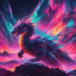 Dragon in a vibrant synthwave dreamscape, neon chaos swirling energetically around pixelated forms, a dynamic fusion of retro gaming nostalgia and futuristic abstraction