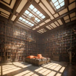 inside of a cybernetic gothic library, thousands of books, labyrintic architecture, orange color scheme, high key lighting, volumetric light high details with white stripes and feathers unreal 5, octane render, cinema4d, dynamic lighting, dramatic lighting, 4k, redshift render, highly detailed, hyper realistic, sunset, Stephan Eicher