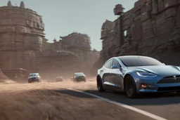 A Tesla 'Model Y' is drifting at high speeds, within the trench of the Death Star. (CINEMATIC, WIDE ANGLE LENS, PHOTO REAL)