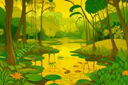 A yellow swamp with glowing dragonflies painted by Paul Ranson