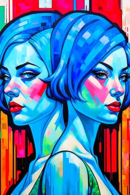 a painting of two women with blue hair, an art deco painting by Nick Gentry, behance, art deco, art deco, pop art, behance hd