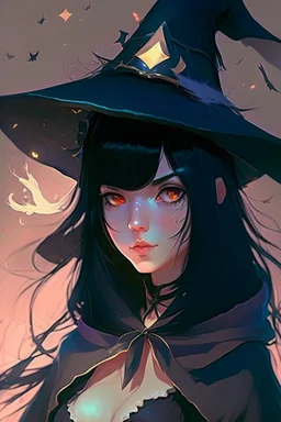 anime woman with black hair, mage, witch hat, girly