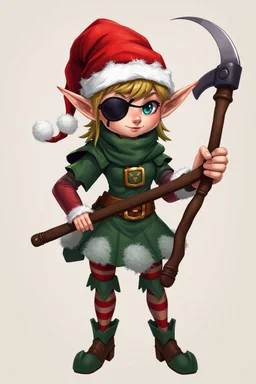 Female Christmas elf with an eye patch wielding a hammer and sickle