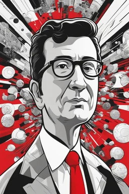 Ilustración estilo caricatura Neofuturista de Gustavo Petro presidente de Colombia, colores contrastantes, rojo, nar negro y blanco