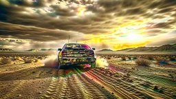 Capture a cinematic wide-angle shot featuring a 1998 Honda Civic racing through a post-apocalyptic desert road during a sandstorm. Embrace a post-apocalyptic photography style for a realistic yet dramatic atmosphere, emphasizing the importance of achieving a cinematic look. Depict the Honda Civic as resilient in this transformed world, navigating the harsh desert conditions and swirling sandstorm with speed and intensity.