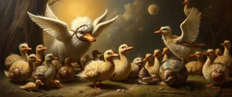 Bill Gates paints a picture of heavenly fluffy elevated messed up woodland duck cow snail and ad & d monster creatures flock painted by Nerdrum and Rembrandt