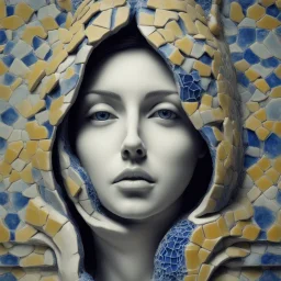 Insanely detailed Hd Photography of concept photography of a woman statue made from portuguese azulejo tiles, oozing ceramic, azulejo design visible, insanely good concept photography of an azulejo mind made from azulejo tiles inspired by Igor morski by Pranckevicius