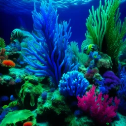 A blue underwater reef with rainbow iridescent coral designed in African masks