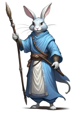 Female rabbit monk dnd in light blue ranger clothes with wooden staff