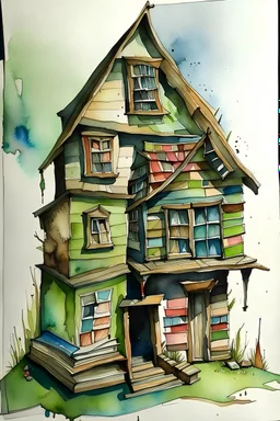 House made from Books. Watercolors. Crooked House.