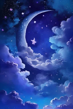 moon and stars with clouds celestial blue and purple