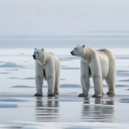 A pair of polar bears standing on the ice of a frozen lake and looking at the horizon