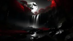 White waterfall, red moon, a dark forest around