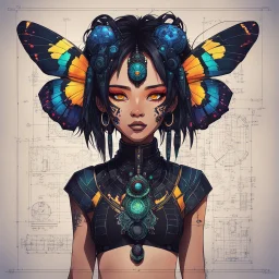 full body portrait illustration , with detailed blueprints and engineering schematics of a walking hybrid Madagascan sunset moth insect girl, antennae, neck fur, black sclera, in anime style, with highly detailed facial features, drawings, and technical notation, 8k, vibrant natural colors