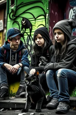 Act like a book cover designer. Use graffiti style. Three teenagers (13-15 years old) - two boys and a girl with a grimy black cat. Environment: old town.