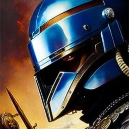 Jango Fett helmet, ancient metal helmet ,painting by gaston bussiere, greg rutkowski, yoji shinkawa, yoshitaka amano, tsutomu nihei, donato giancola, tim hildebrandt, cinematic composition, extreme detail, fit full head inside picture, muted colors