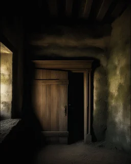 An ancient, weathered door stands in an abandoned house, shrouded in deep, engulfing darkness. The walls are rough and covered in moss and dust, with wooden beams crumbling and floors uneven. The faint light coming from a small particle of the philosopher's stone, placed mysteriously near the door, emits a warm, surreal glow, contrasting with the surrounding darkness. The stone’s light weakly illuminates the nearby area, casting long, eerie shadows. The atmosphere is thick with mystery and tensi
