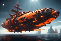 Scifi pirate ship as spaceship - sails of ship are orange