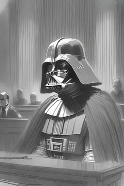 Darth Vader on trial, courtroom sketch, black and white