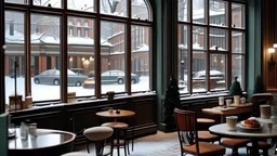 the inside of a luxury Cozy christmas cafe. there is a large window and outside you can see the street it is snowing. there is a vintage car parked.