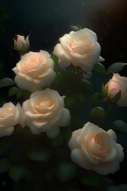 magic A bush of delicate tea roses of dark cream color, the plant is ultra-detailed, rain, beautiful landscape, fog, many details, delicate sensuality, realistic, high quality, 3d, hyperdetalization, filigree, hazy haze, hyperrealism, professional, transparent, delicate pastel tones, back illumination, contrast, fantastic, unreal, translucent, glowing, clear lines, epic fabulous, fabulous landscape, hyperrealism