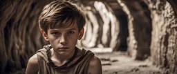 dutch angle, side view, a curious boy, around 11 yo. choker necklace. natural brown hair. loincloth, pale skin. ominous and eerie looking underground tunnel background. natural colors 4k, high detail, high-resolution photograph, professional photography, ultra-detail