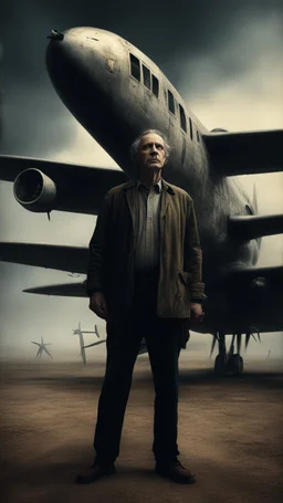 Bosch nightmares paining style Title:a man standing up in front of an old airplane, 8k artistic photography, photorealistic concept art, soft natural volumetric cinematic perfect light, chiaroscuro, award-winning photograph, masterpiece, oil on canvas, Raphael, Caravaggio, Greg Rutkowski, people, beksinski, Giger