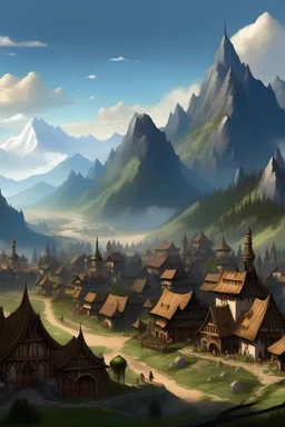 Fantasy town, with a mountain range behind it