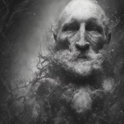 Extremely detailed portrait of man fading into a dark and rough oblivion, black and white digital painting.