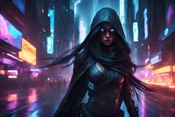 In the midst of a futuristic Cyberpunk cityscape, a mysterious female assassin emerges, her long hair flowing beneath a dark cowl. Cyberware enhancements glint ominously amidst the shadows, adding a lethal edge to her presence. This striking image, likely a digital painting, captures her in a moment of intense focus as she navigates the neon-lit streets. The meticulous details showcase her cybernetic enhancements and the sleek, deadly grace with which she moves. The artist's skill brings out the