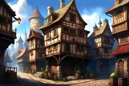 medieval inn of a fantasy tow, view from a distance in the streets
