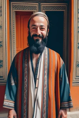 A bearded and skinny Moroccan man He wears a Moroccan robe