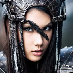 beautiful young asian queen with black leather studded armor, delicate black braided hair, glass eyes, highly detailed, 8k, ambient light, taylor swift