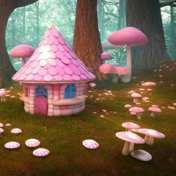 a cute pink and blue fairy house in the forest, spring time, mushrooms, 8k, flickering light, centered, high-quality, fine-detail, digital art, detailed matte, volumetric lighting, illustration, 3D octane render, unity render