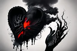 A black hand made out of black smoke violently gripping a human heart, squeezing all blood out of it, foggy, surreal