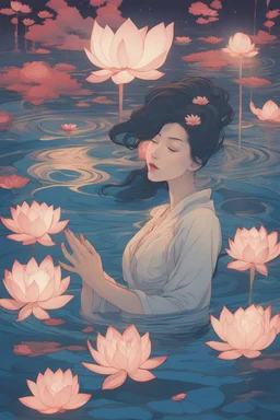 woman floating in glowing water, top view, night time, lotus floating in water, freedom, bust up, sense of liberation, concept art, art by james jean, takato yamamoto, 4k, concept art, illustrative