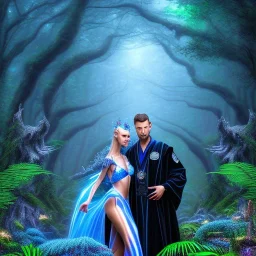 crazy detail, magical forest background, waterfall, blue but cloudy skies, portrait of man in black shiny robes and the upper body of grand sleazy lady wearing soft robes and gloves, lively eyes, framed by foliage, runes on dices, warm light, holding up scroll