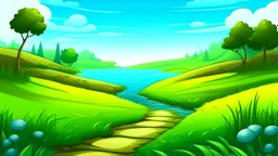 Fantasy cartoon illustration: path in the grass near a lake