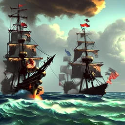 Two pirate ships fight each other at sea. Firing cannons. One ship is hit and burns after being hit.
