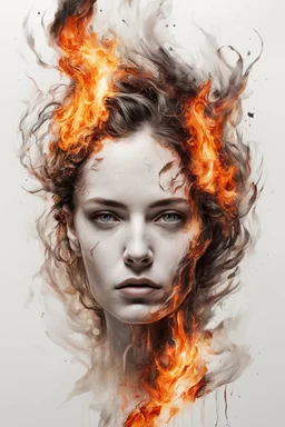 art, abstacrt, portrait of a woman with burning edges, white background