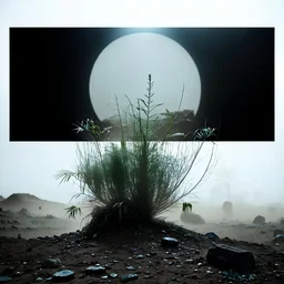 A striking quality photograph captures a wasteland with plants, creepy, details of the dust very accentuated, glossy organic mass, adorned with minerals and rocks. Bathed in intense light, eerie, Max Ernst and Yves Tanguy style, black sun, fog, volumetric light, octane render