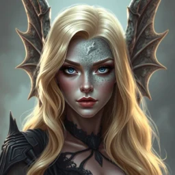 a blonde fantasy woman who is half human and half gargoyle, face is stone, gothic, digital art, stylised