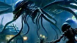 xenomorph FLY SQUID SPIDER hybrid, attacking the happiest place on earth, photorealism, movie screen capture, horror, sci-fi, retrofuturism, with relative xenomorph head,, hunting, stealthy, black exoskeleton, by walt disney