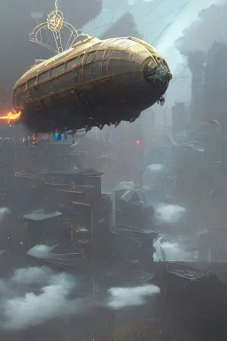 steampunk airship in a storm with lightning above a city