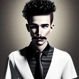 Homme blanc, cheveux noirs courts frisés, petite moustache noire