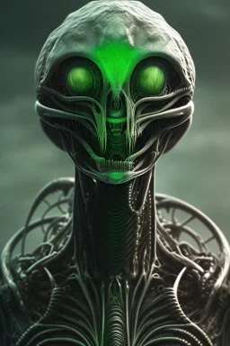 alien, head, evil,green eyes, weapons, blood, 8k, finely detailed, photo realistic, HR Giger style