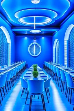 A restaurant with blue walls and a white floor. It contains one table in the middle of the restaurant in an oval shape containing 30 chairs